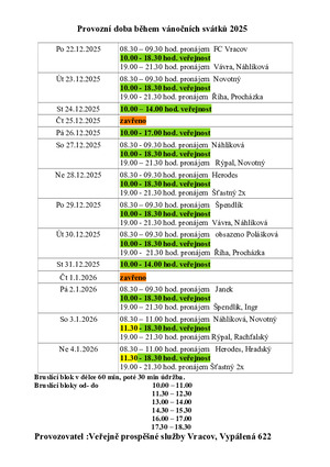Provozní doba o vánočních svátcích 2025