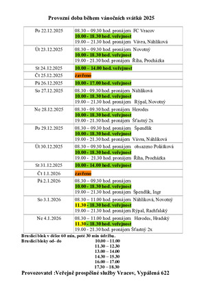 Provozní doba o vánočních svátcích 2025